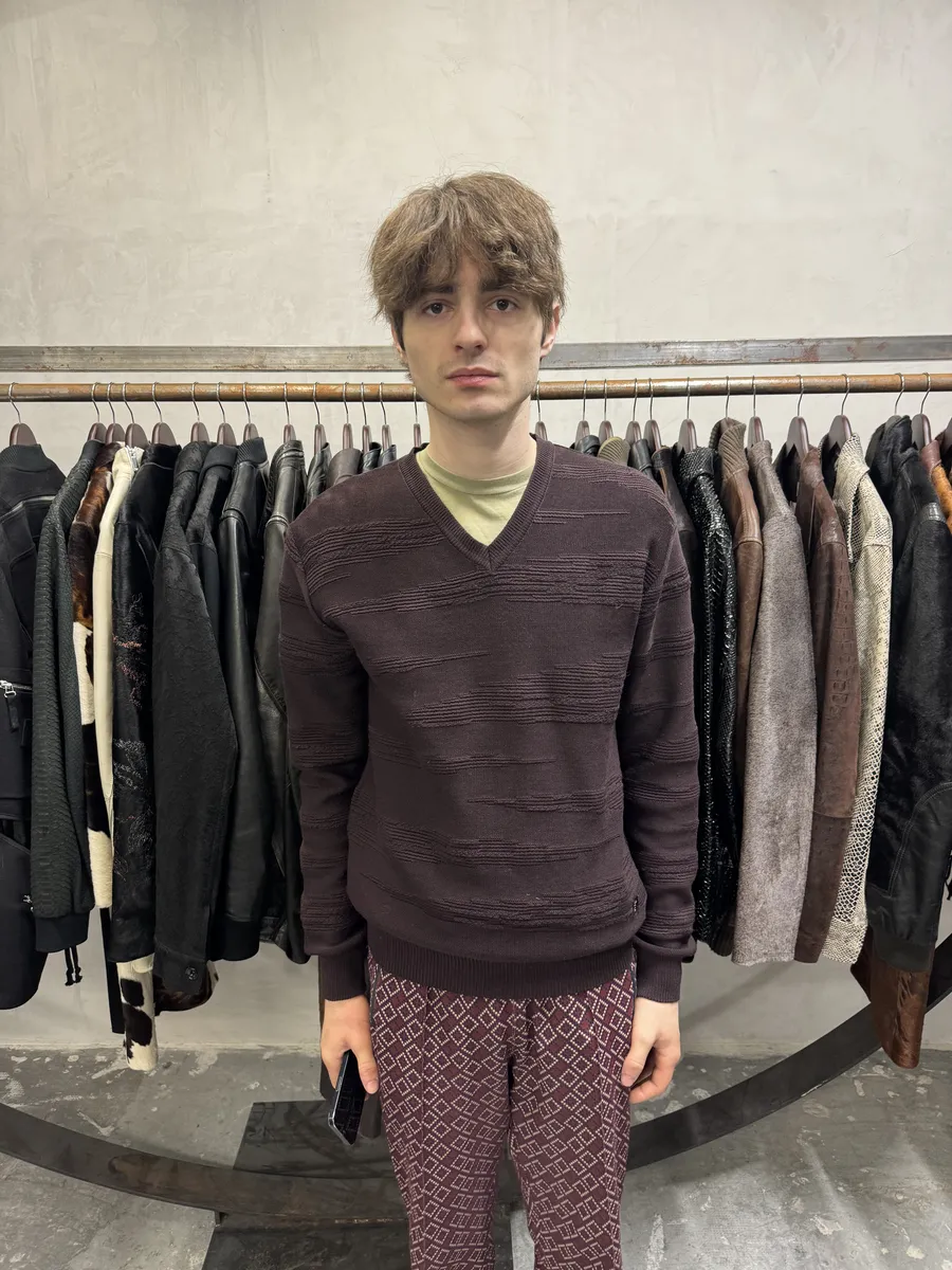 Versace Black V Neck Bordeaux Wool Sweater - Image 3