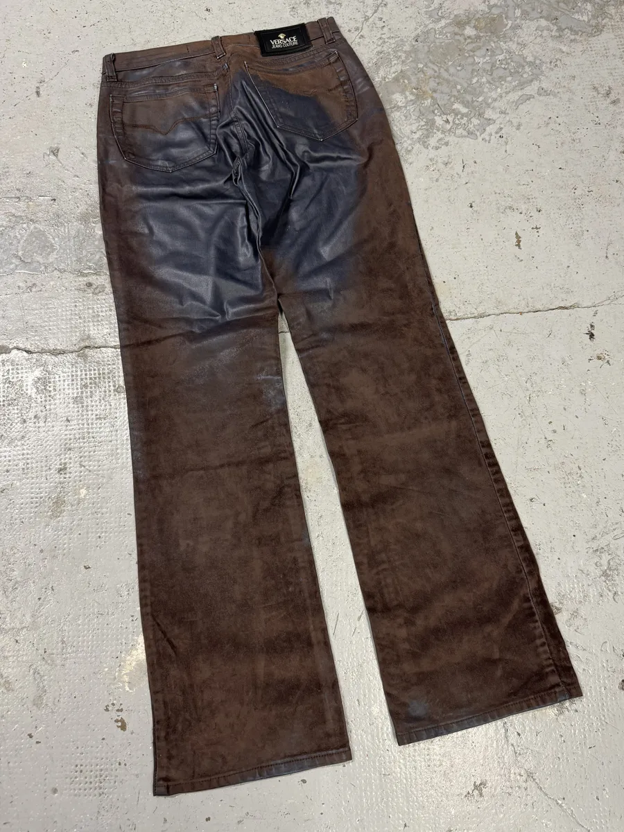 Versace Brown & Navy Waxed Effect Pants - Image 11