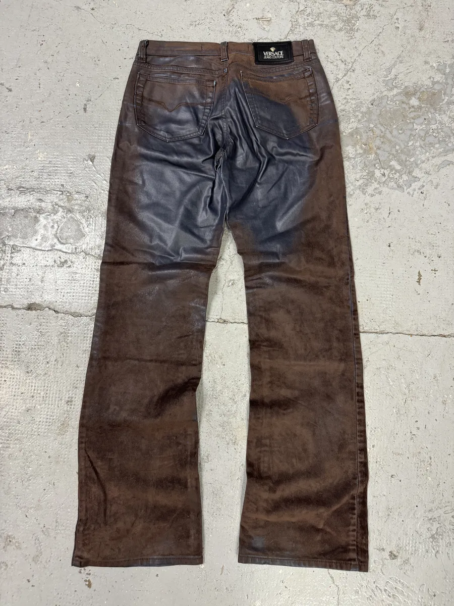 Versace Brown & Navy Waxed Effect Pants - Image 5