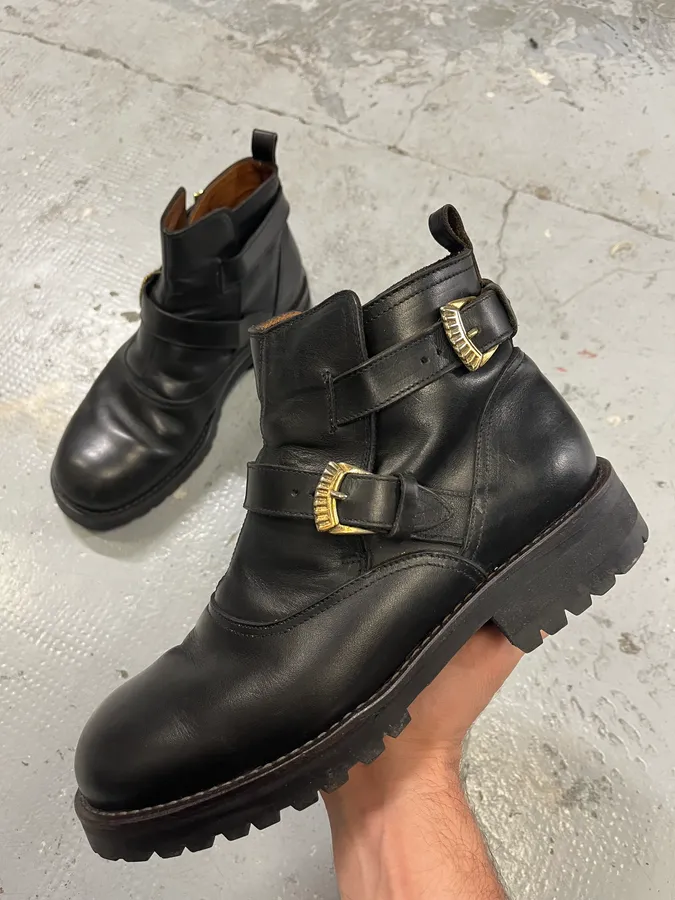 Versace Double Gold Buckles Black Boots