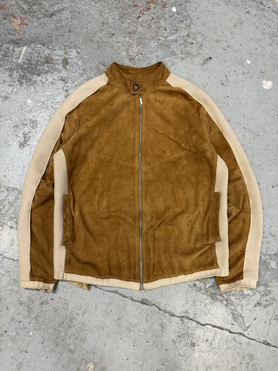 Versace Hybrown Camel Leather & Cotton Zip-up Biker Jacket - Image 5