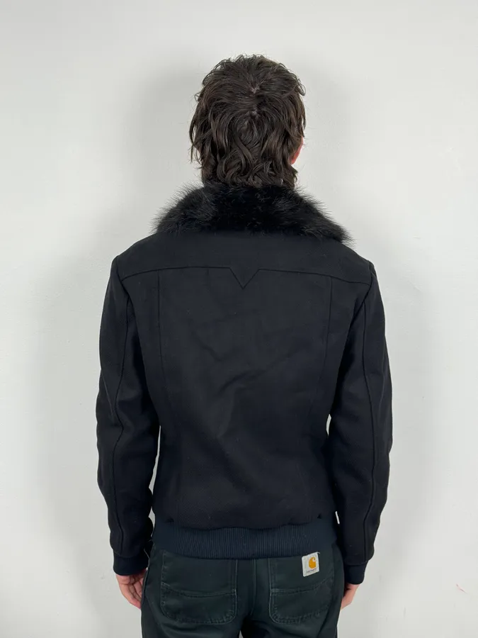 Versace Navy Wool Fur Collar Classy Bomber Jacket - Image 3