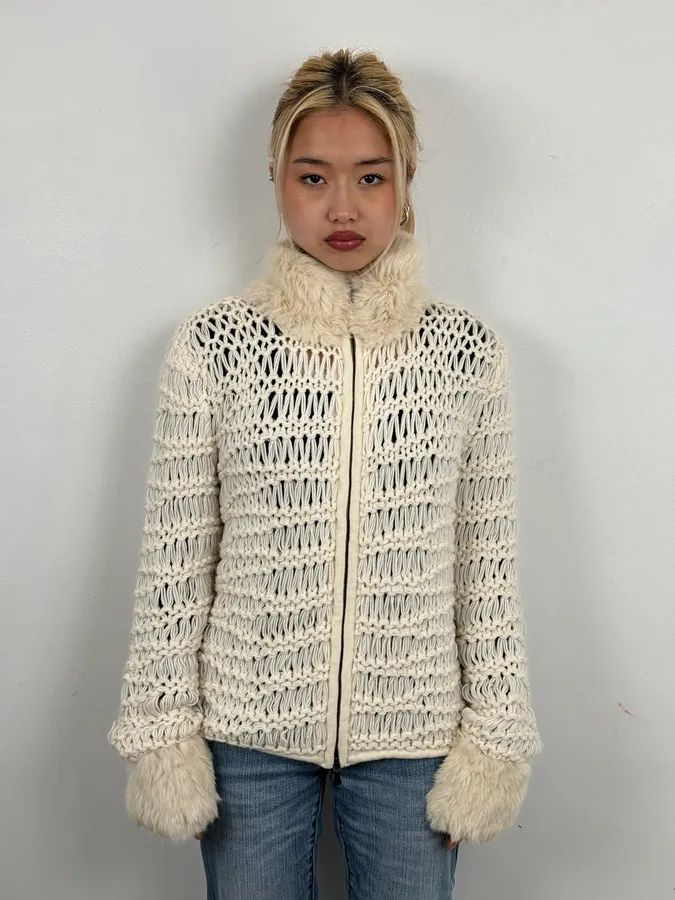 Versace White Fur Collar Wool Zip-Up Jacket - Image 2