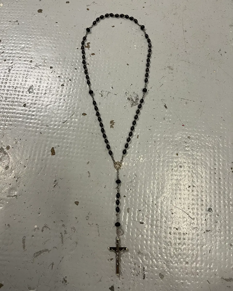Vintage Black Beaded Metal Rosary Necklace