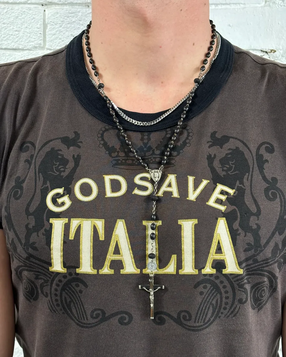 Vintage Black Beaded Metal Rosary Necklace - Image 2