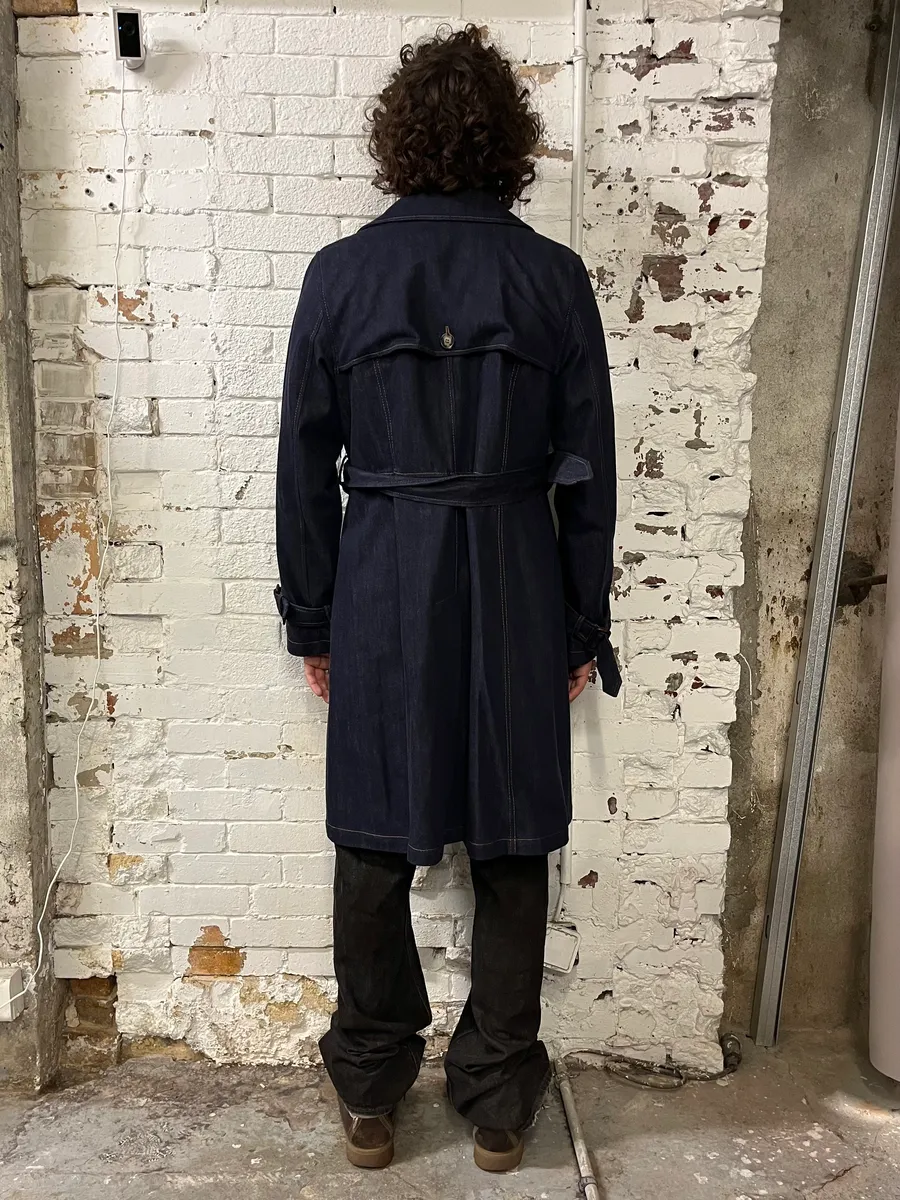 Vintage Double-Breasted Belted Navy Denim Trench Coat - Image 2