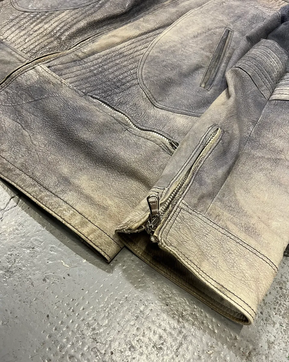 Vintage Grey Ribbed Sleeves Moto Leather Jacket - Image 6