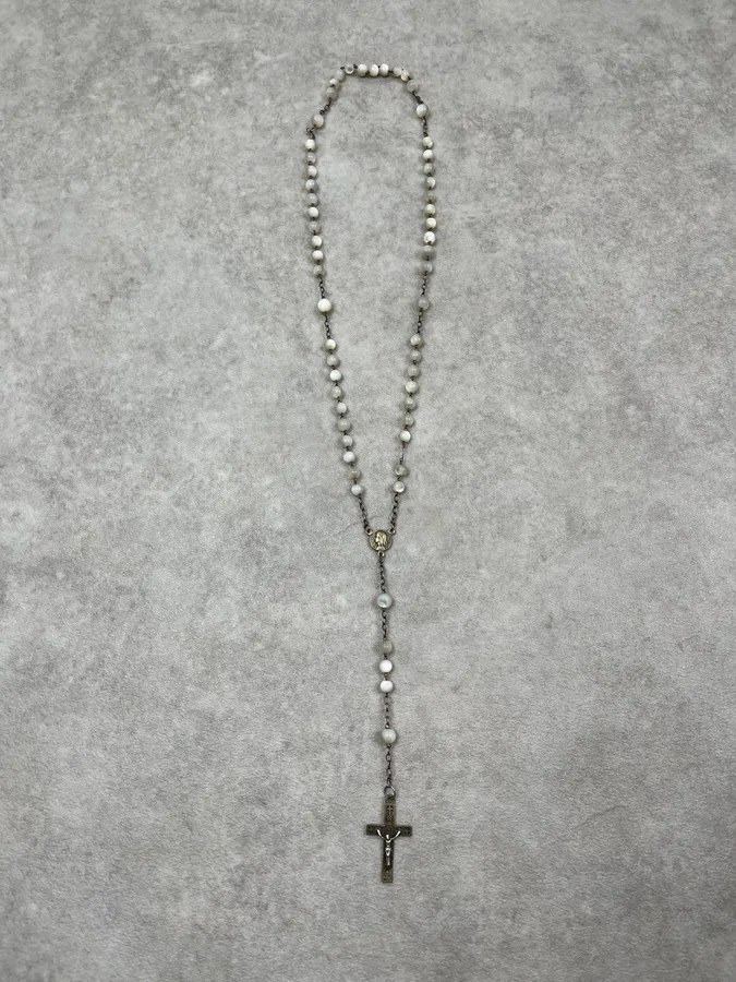 Vintage Rosary Cross Pendant White Necklace