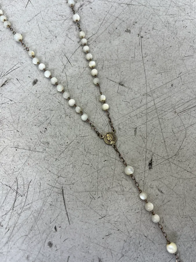 Vintage Rosary Cross Pendant White Necklace - Image 4