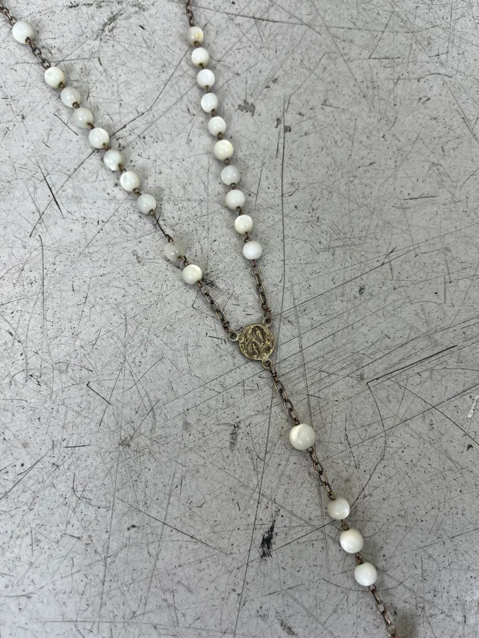 Vintage Rosary Cross Pendant White Necklace - Image 7