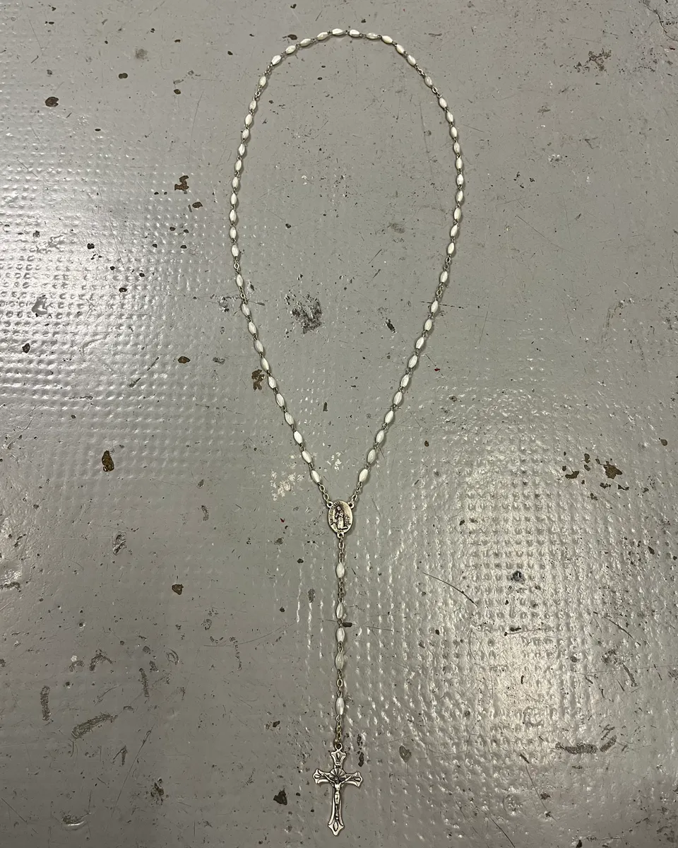 Vintage White Beaded Metal Rosarie Necklace