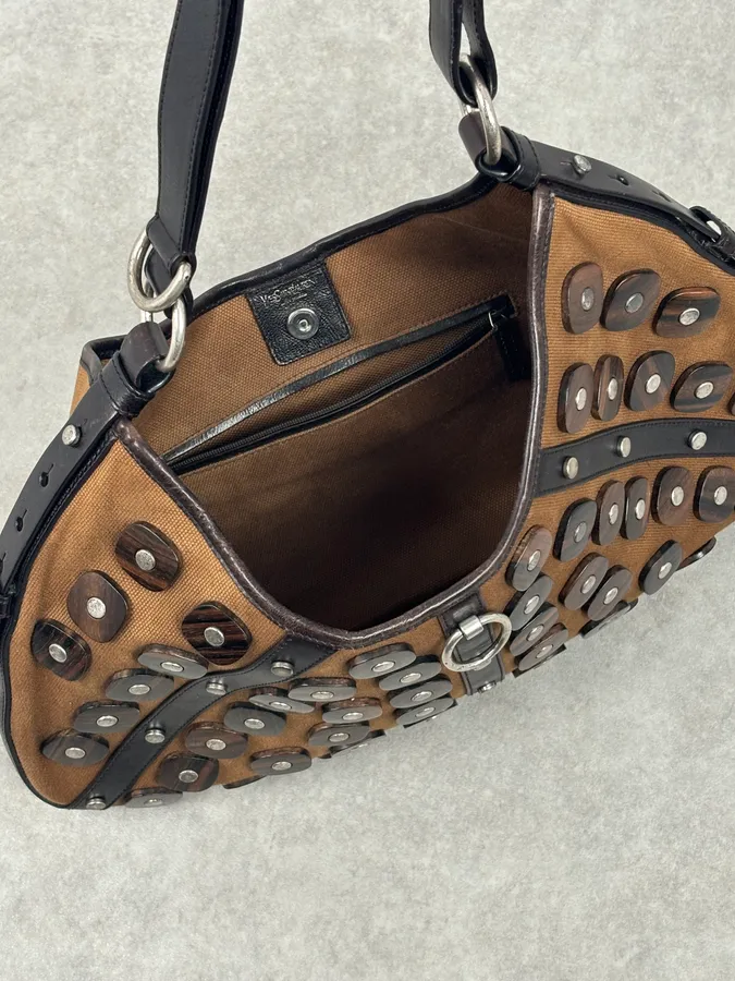 Yves Saint Laurent Brown Leather Wood Studded Shoulder Bag - Image 10