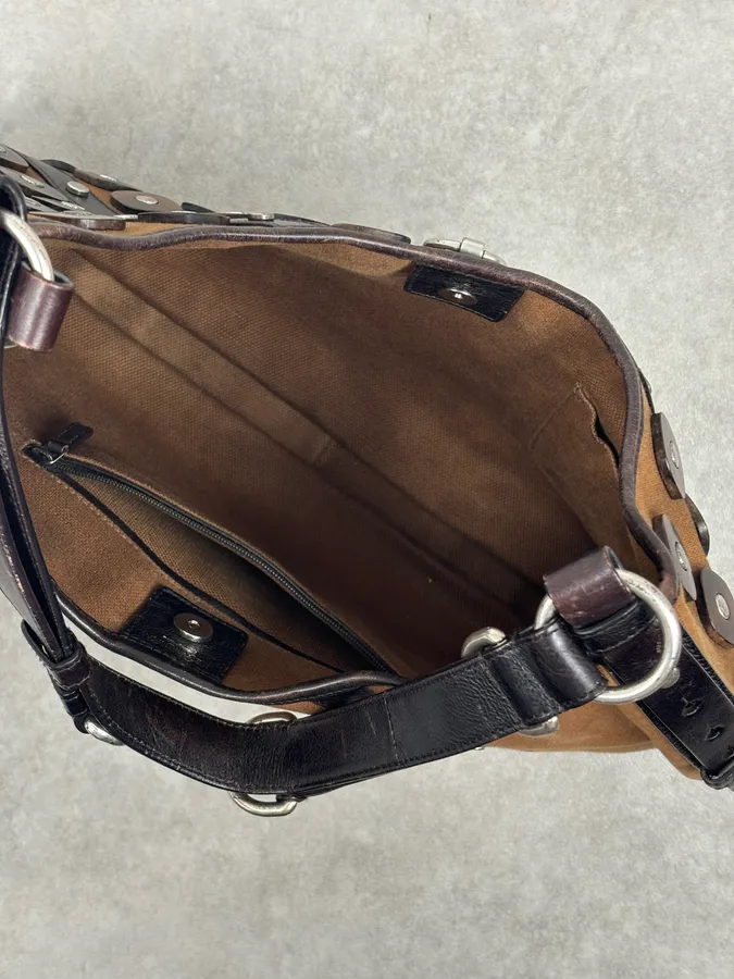 Yves Saint Laurent Brown Leather Wood Studded Shoulder Bag - Image 11