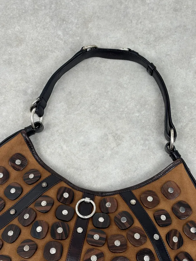 Yves Saint Laurent Brown Leather Wood Studded Shoulder Bag - Image 4