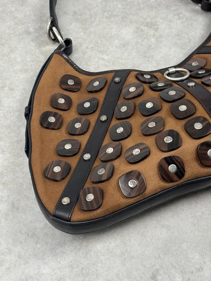 Yves Saint Laurent Brown Leather Wood Studded Shoulder Bag - Image 7