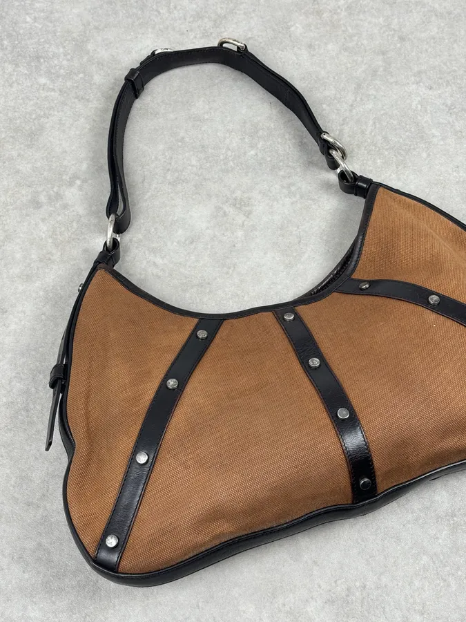 Yves Saint Laurent Brown Leather Wood Studded Shoulder Bag - Image 9