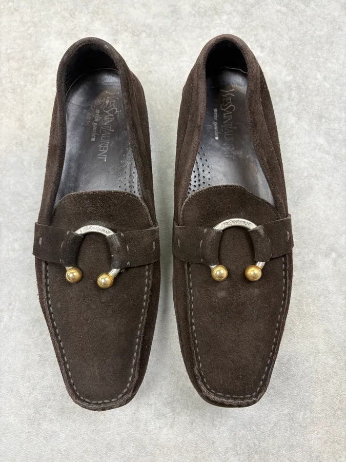 Yves Saint Laurent Brown Suede Gold-Hardware Loafer Shoes - Image 2