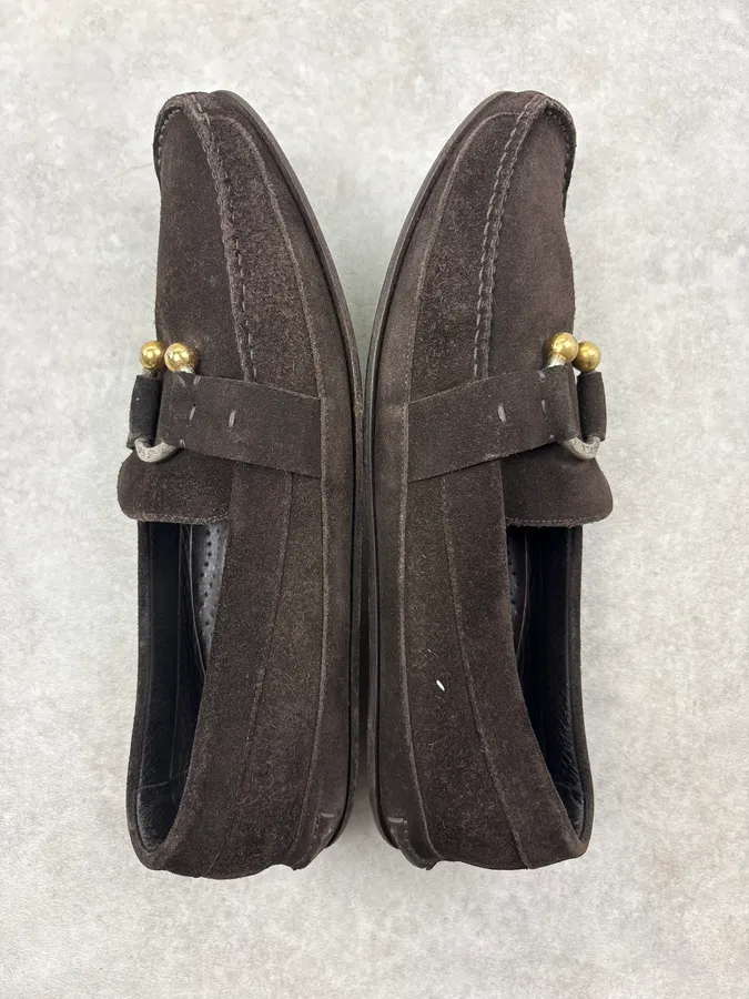 Yves Saint Laurent Brown Suede Gold-Hardware Loafer Shoes - Image 4