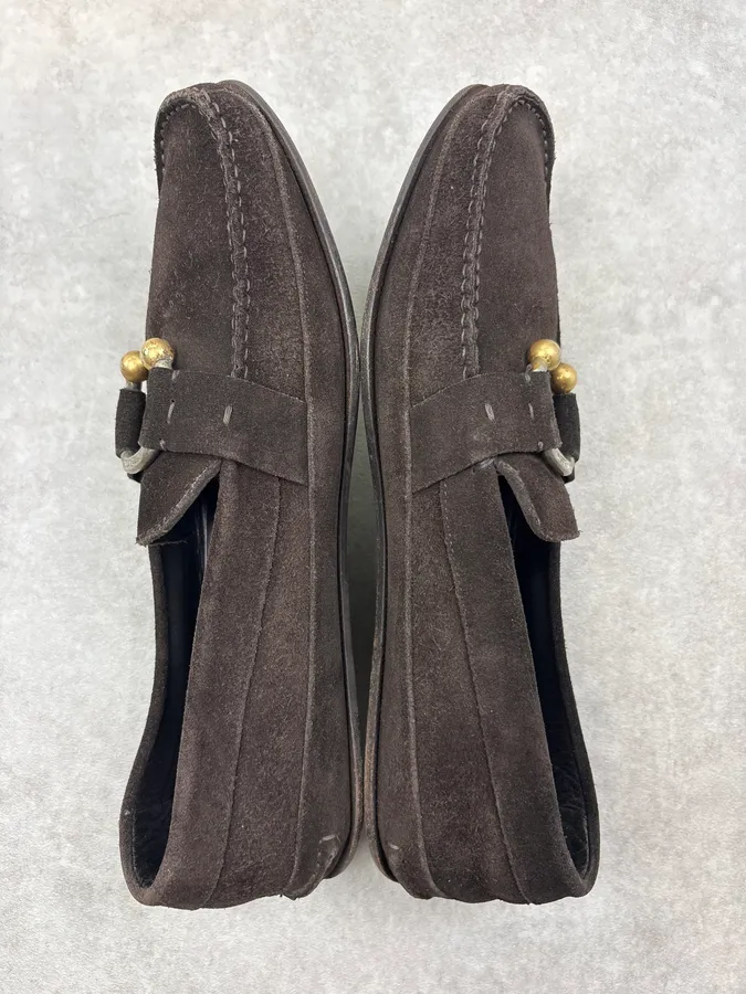 Yves Saint Laurent Brown Suede Gold-Hardware Loafer Shoes - Image 5
