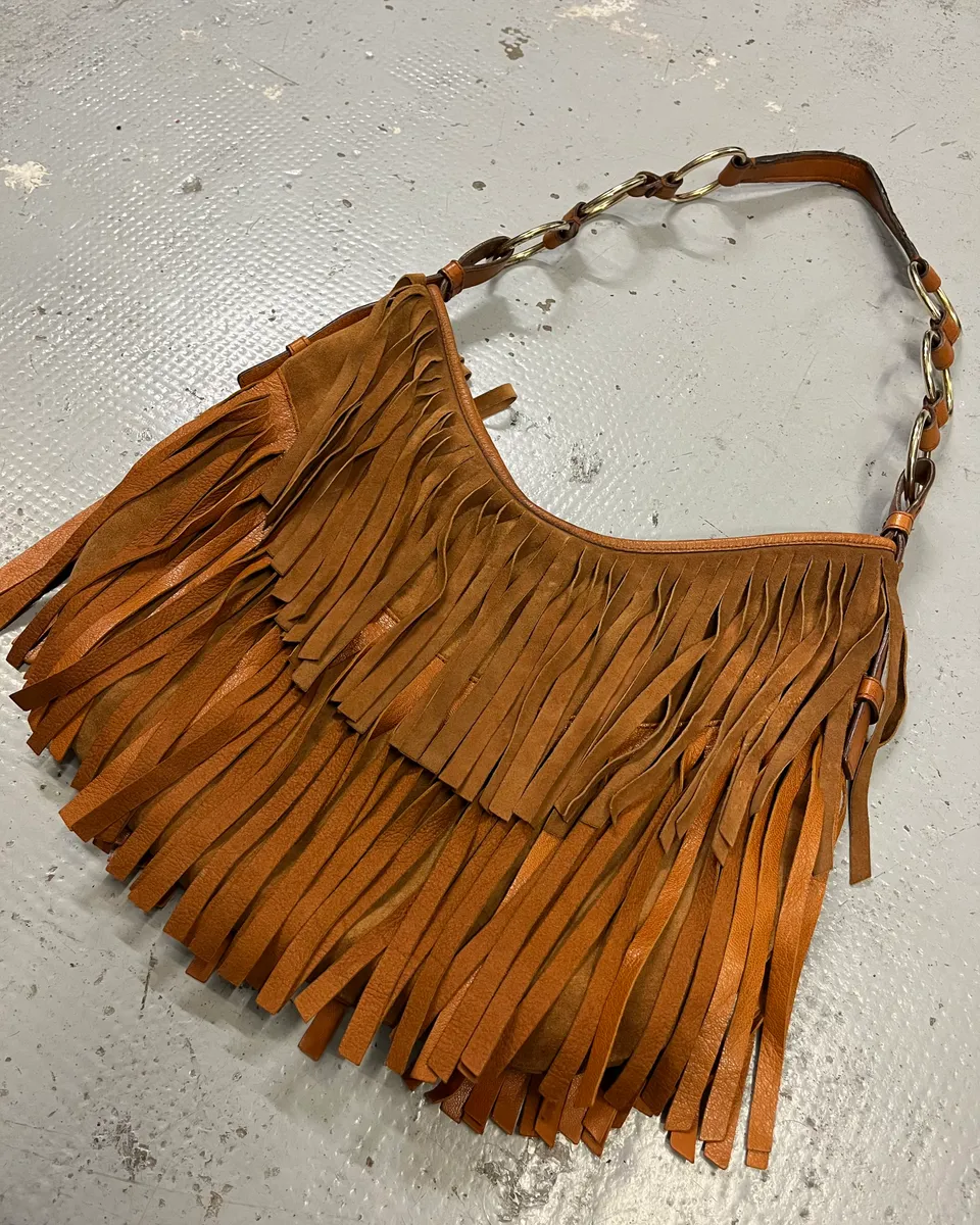 Yves Saint Laurent Camel Suede Layered Fringe Hobo Bag - Image 4