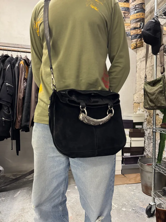 Yves Saint Laurent Mombasa Metal Horn Handle Black Suede Leather Shoulder Bag - Image 2