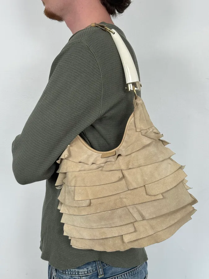 Yves Saint Laurent Saint Tropez Beige Suede Leather Horn Handle Bag - Image 3