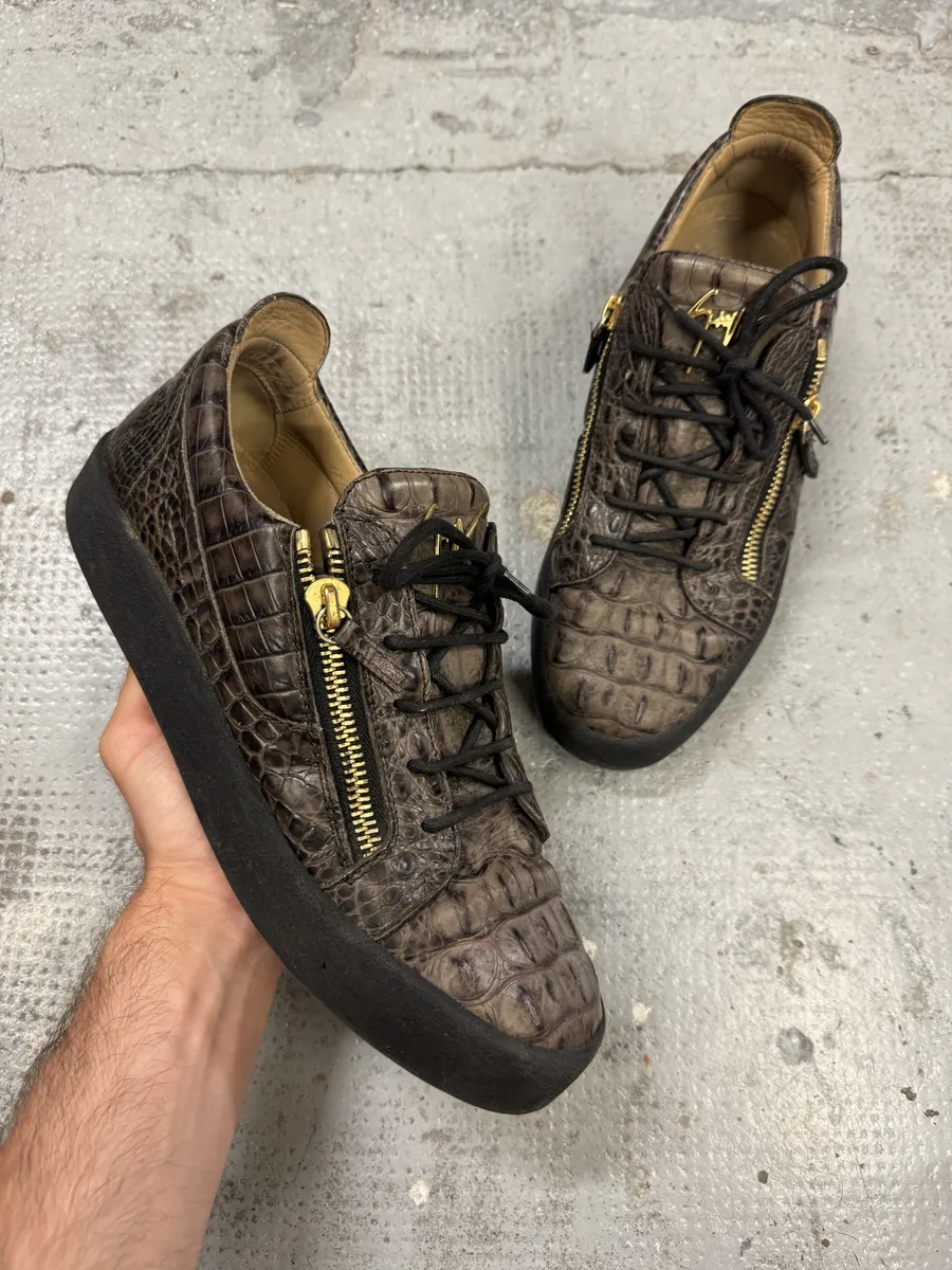 Zanotti Brown Crocodile Effect Leather Zips Sneakers